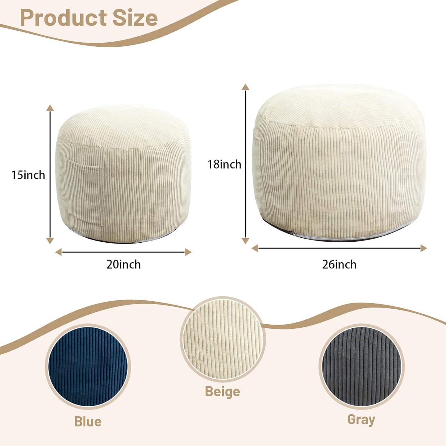 Round Stuffed Pouf Ottoman,Corduroy Foot Rest with Rebound Foam Filled, Furry and Fluffy Foot Stool Ottoman,26"*18" Floor Poufs for Living Room (Beige, 26" D X 26" W X 18" H)