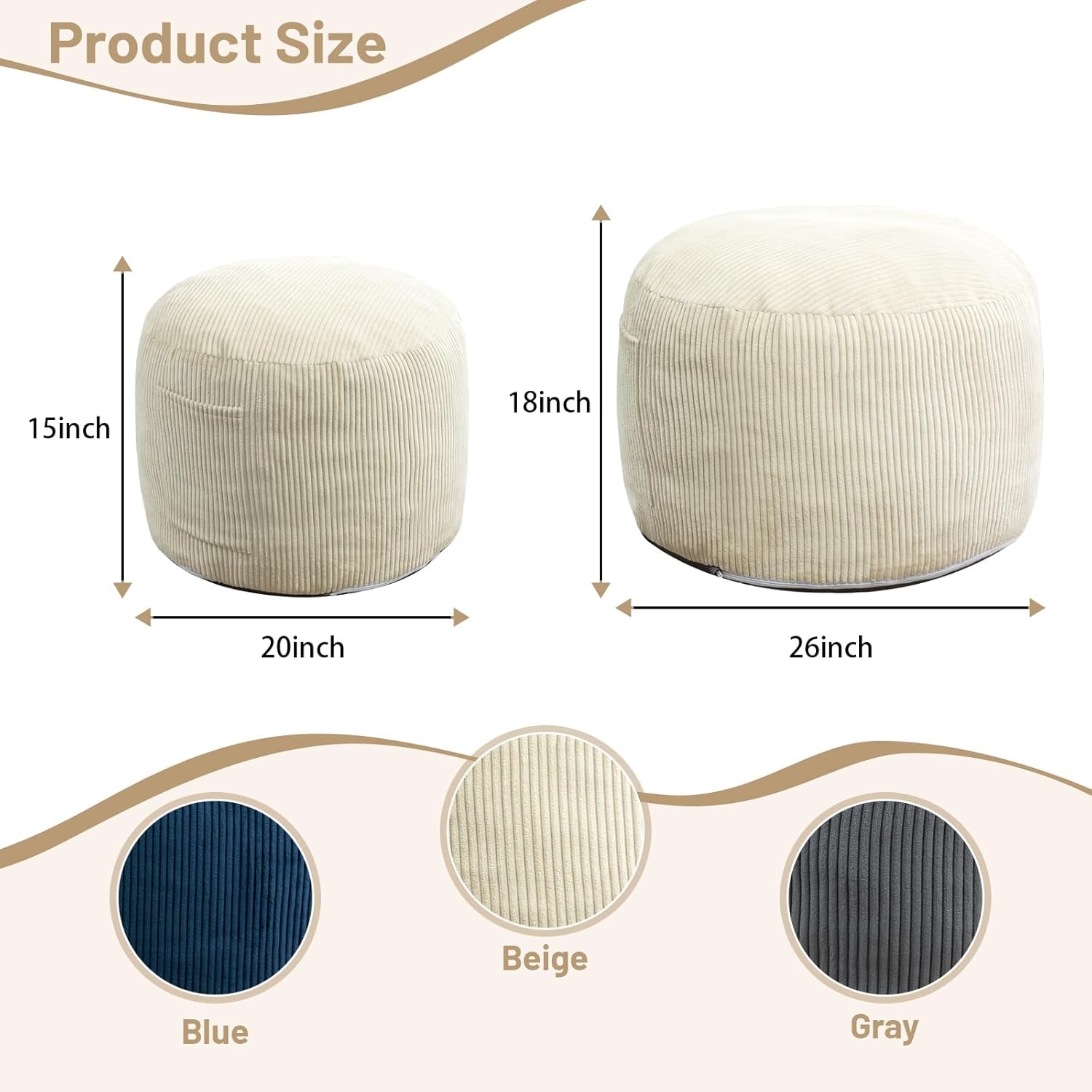 Round Stuffed Pouf Ottoman,Corduroy Foot Rest with Rebound Foam Filled, Furry and Fluffy Foot Stool Ottoman,26"*18" Floor Poufs for Living Room (Beige, 26" D X 26" W X 18" H)