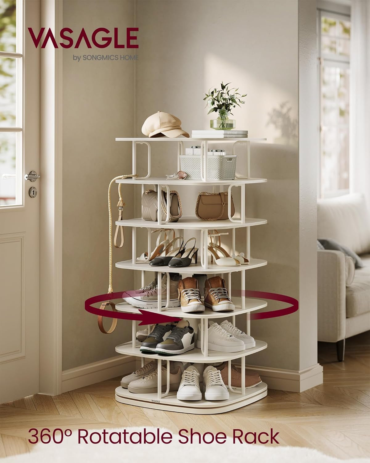 7-Tier Shoe Rack, Rotating Shoe Rack Tower, Shoe Closet Organizer, Shoe Shelf, 28-35 Pairs, 23.6 X 23.6 X 47.2 Inches, for Entryway, Living Room, Closet, Cream White ULBS041W01