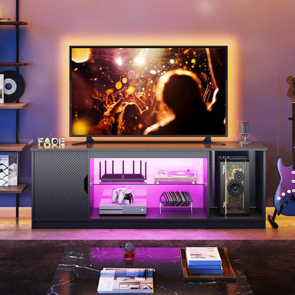 57" LED TV Stand for 55/60/65 Inch Tvs - Gaming Entertainment Center with RGB Lights, Adjustable Glass Shelves & Cabinet for Ps5/Xbox, Modern Black TV Console for Living Room