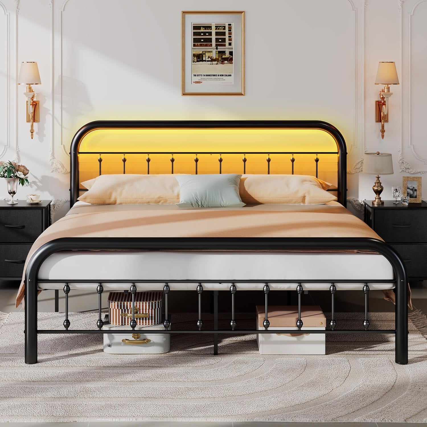 Bed Frame King Size, King Size Bed Frame and Headboard, King Bed Frames with LED Lights and Charging Station,No Box Spring Required,Easy Assembly,Black