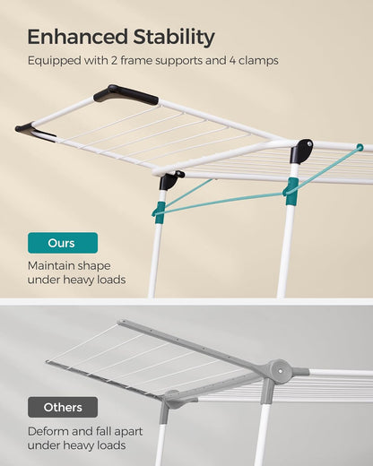 Clothes Drying Rack Foldable, Gullwing Laundry Drying Rack, Space-Saving, 22.2 X 68.1 X 38 Inches, Sock Clips, Metal Structure, for Clothes, Towels, Linens, Indoor, Outdoor White ULLR518W01