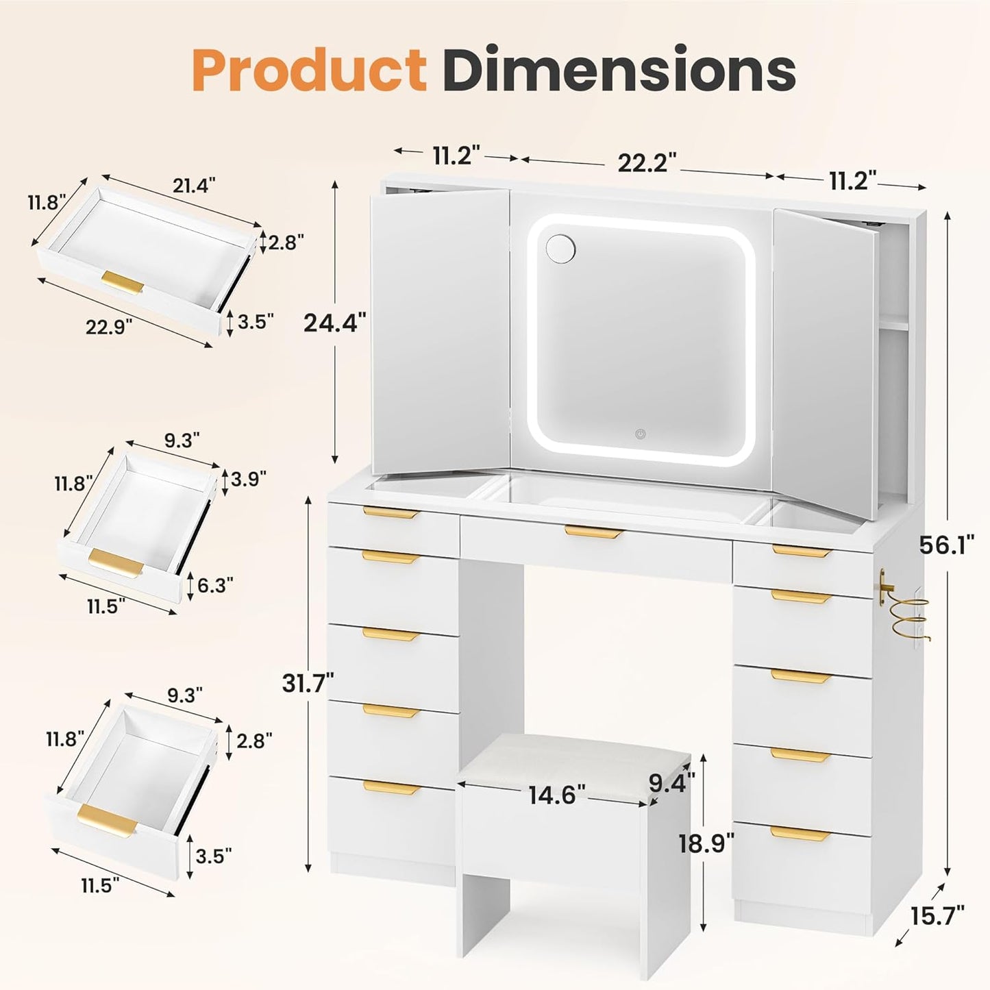 11 Drawers Vanity Desk with Foldable Mirror, Glass Top Makeup Vanity with LED Lights, 3 Lighting Modes, Golden Handles Dressing Table with Chair and Power Outlet