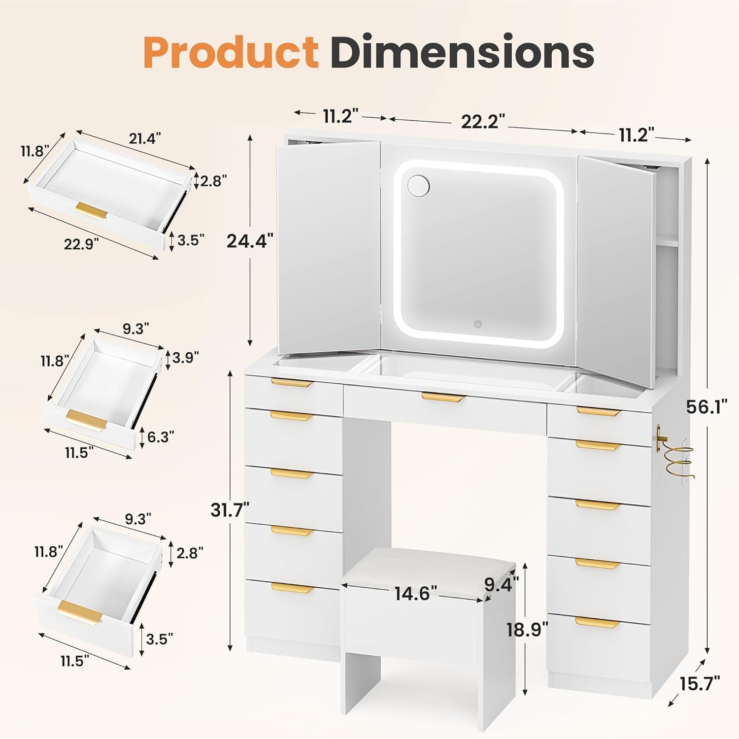 11 Drawers Vanity Desk with Foldable Mirror, Glass Top Makeup Vanity with LED Lights, 3 Lighting Modes, Golden Handles Dressing Table with Chair and Power Outlet