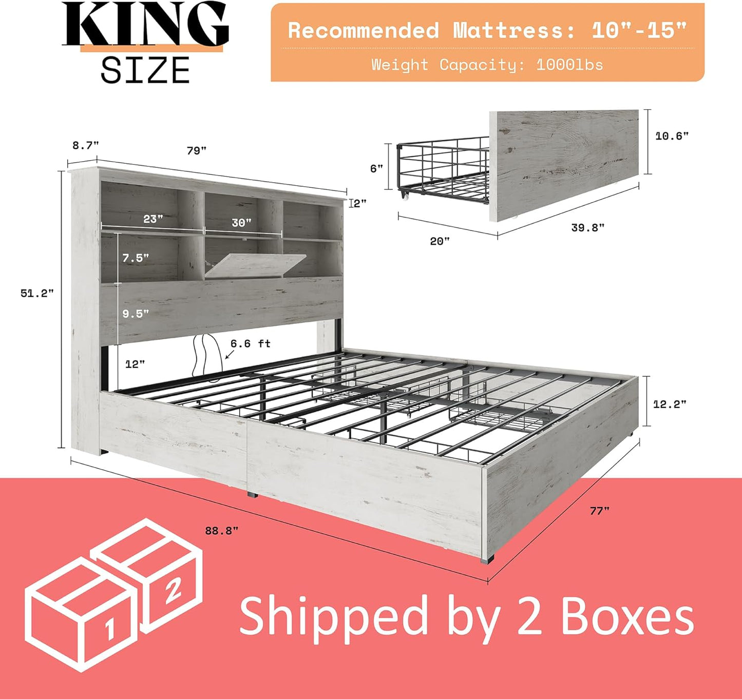 Farmhouse King Size Bed Frame Wooden Platform Bed with 51.2" Storage LED Bookcase Headboard, 4 Storage Drawers & Charging Station/No Box Spring Needed/Noise Free/Distressed White