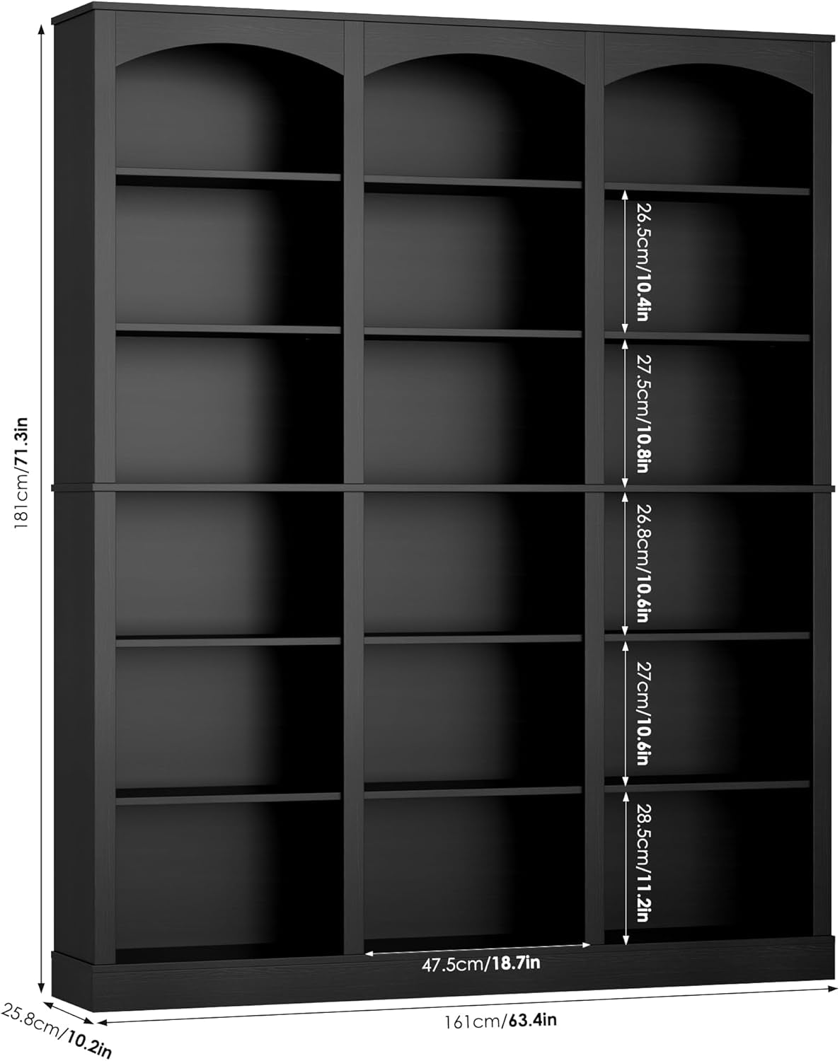 71" Triple Wide Bookshelf, 6 Tier Tall Bookshelf, Large Book Shelf with Curved Baffle, 63.4" Wide Bookcase with 18 Open Display Shelves for Living Room, Study, Black