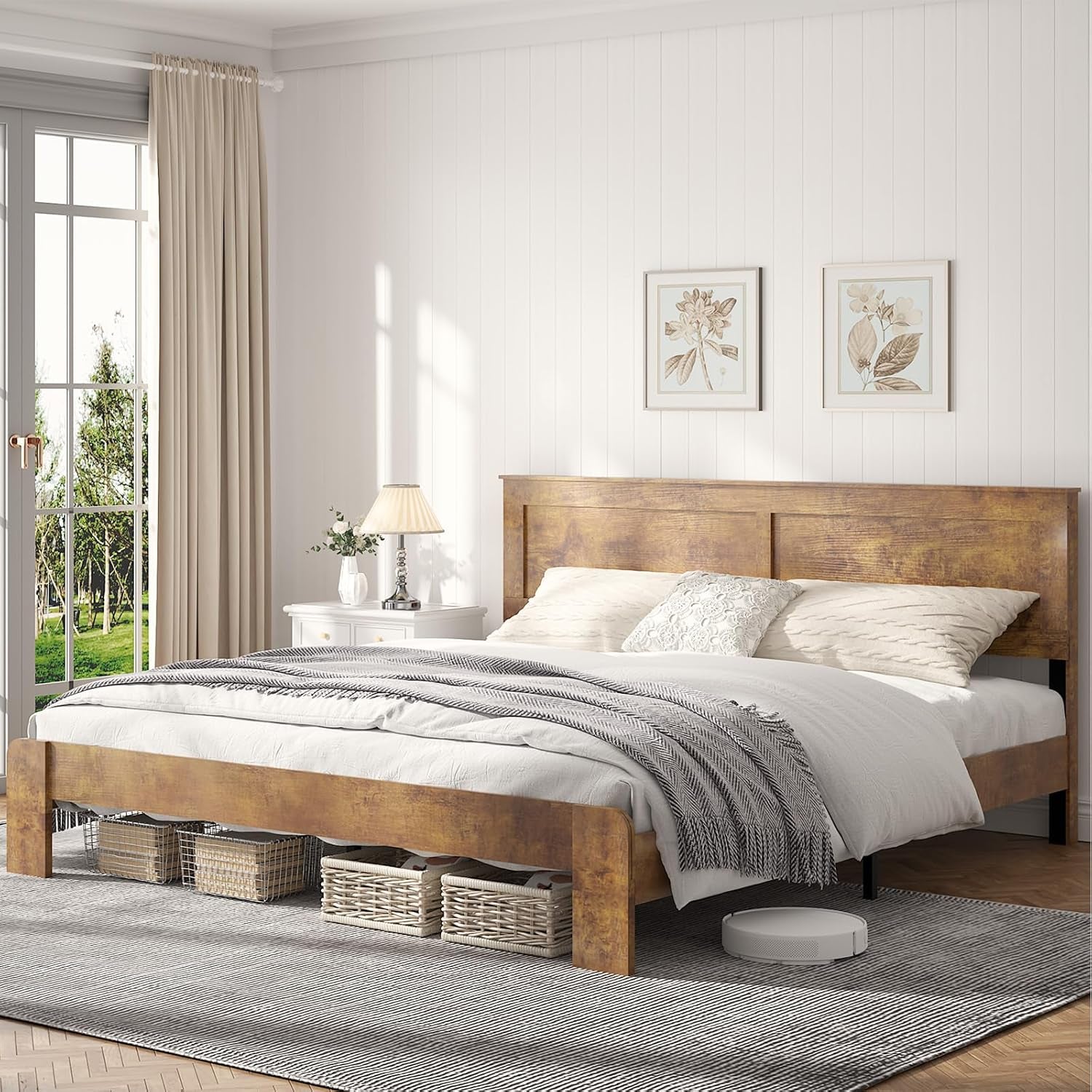 Wooden Bed Frame King Size with Headboard, Farmhouse Platform Bedframe with Wood Slat Support, Sturdy Framework Bed Frame, Easy Assembly (Rustic Brown)