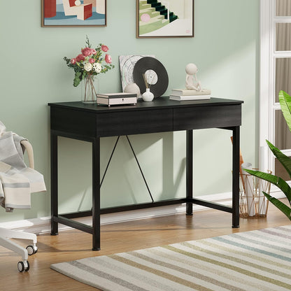 Small Computer Desk with Drawers, 39.4 Inch Home Office Desks with Storage, Simple Modern Kids Desk, Vanity Desk for Bedroom, Work Study Writing Desk Table for Small Spaces (Black, Wooden)