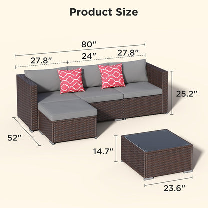 5 Pieces Patio Furniture Set All-Weather Outdoor Wicker Sectional Patio Furniture with Cushion and Glass Table (Grey)