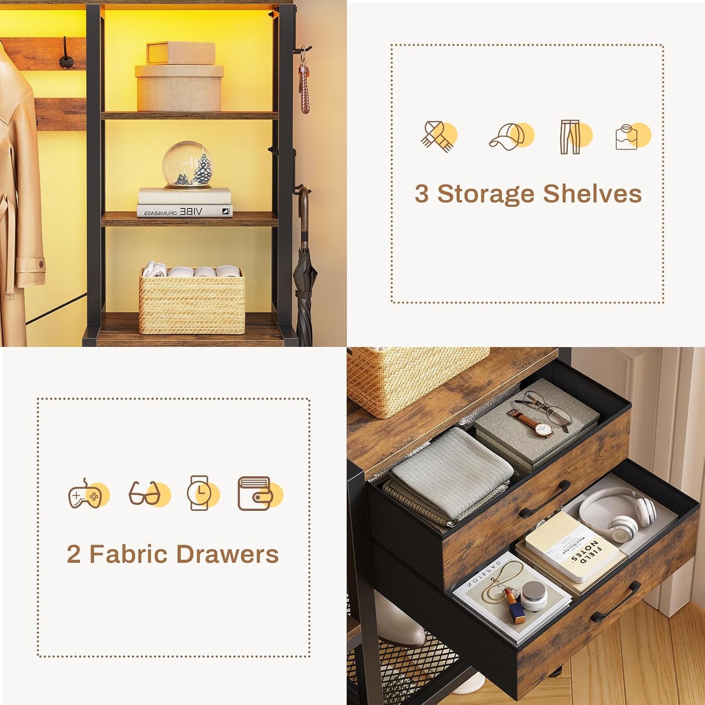 Hall Tree with Bench and Shoe Storage, 7-In-1 Entryway Bench with Coat Rack, 3 Storage Cubbies, 3 Open Shelves, 17 Coat Hooks, 2 Fabric Drawers (Rustic Brown)