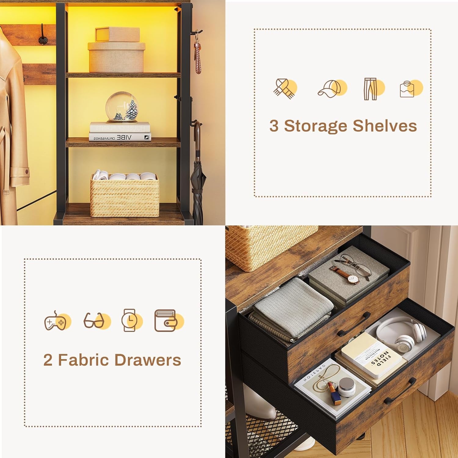 Hall Tree with Bench and Shoe Storage, 7-In-1 Entryway Bench with Coat Rack, 3 Storage Cubbies, 3 Open Shelves, 17 Coat Hooks, 2 Fabric Drawers (Rustic Brown)