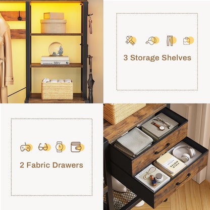 Hall Tree with Bench and Shoe Storage, 7-In-1 Entryway Bench with Coat Rack, 3 Storage Cubbies, 3 Open Shelves, 17 Coat Hooks, 2 Fabric Drawers (Rustic Brown)