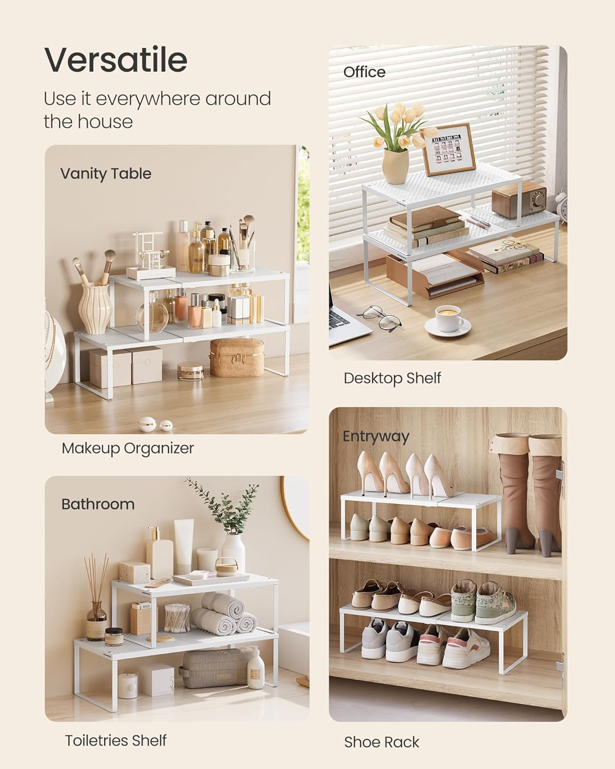 Spice Racks, Set of 2 Expandable Kitchen Countertop Shelves, Small Cupboard Organizers, Metal, Space-Saving Tabletop Shelves, Matte White UKCS402W01