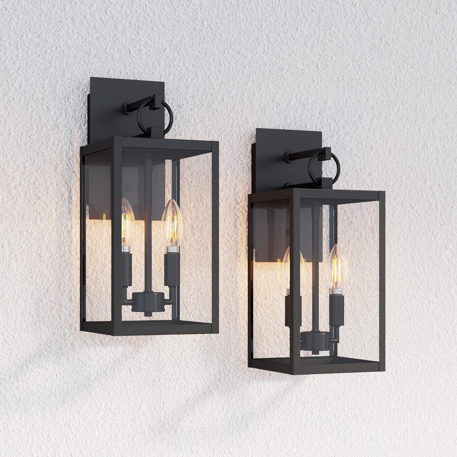 Ferris Outdoor Black Wall Sconce Light Fixture, Porch Lantern for Exterior with Iron Frame and Clear Glass Shade, Black/Clear, Set of 2