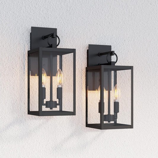 Ferris Outdoor Black Wall Sconce Light Fixture, Porch Lantern for Exterior with Iron Frame and Clear Glass Shade, Black/Clear, Set of 2