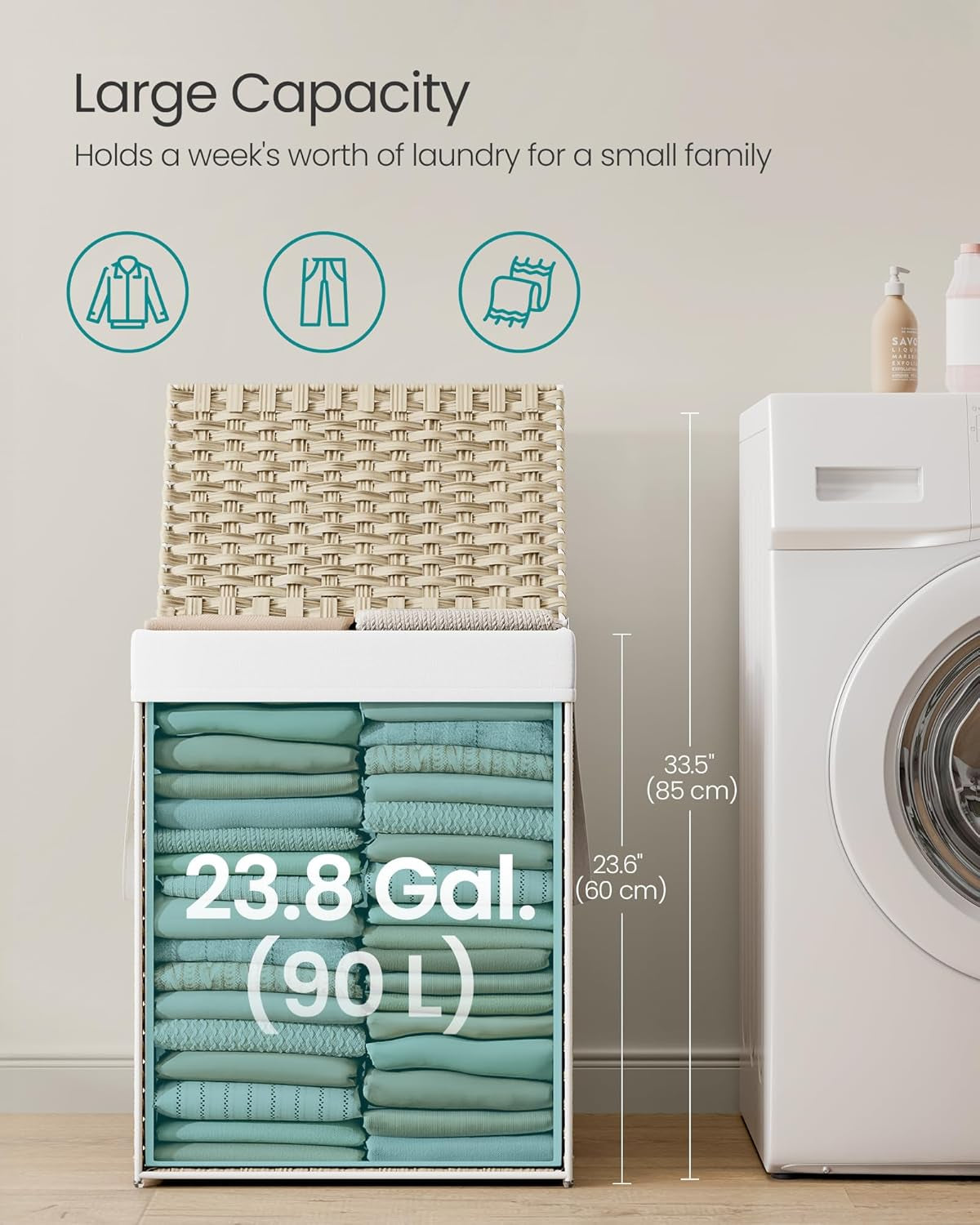 Laundry Hamper with Lid, 23.8 Gallon (90L) Synthetic Rattan Clothes Laundry Basket with Lid and Handles, Foldable, Removable Liner, Summer Sand ULCB051LZ01