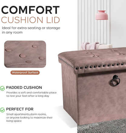 16 Inches Folding Cube Storage Ottoman, Small Leather Foot Rest Stool with Button Tufted Rivet Design, Footstool Bench, Ottoman with Storage for Living Room, Coffee Table 242 Lbs, Oak Brown