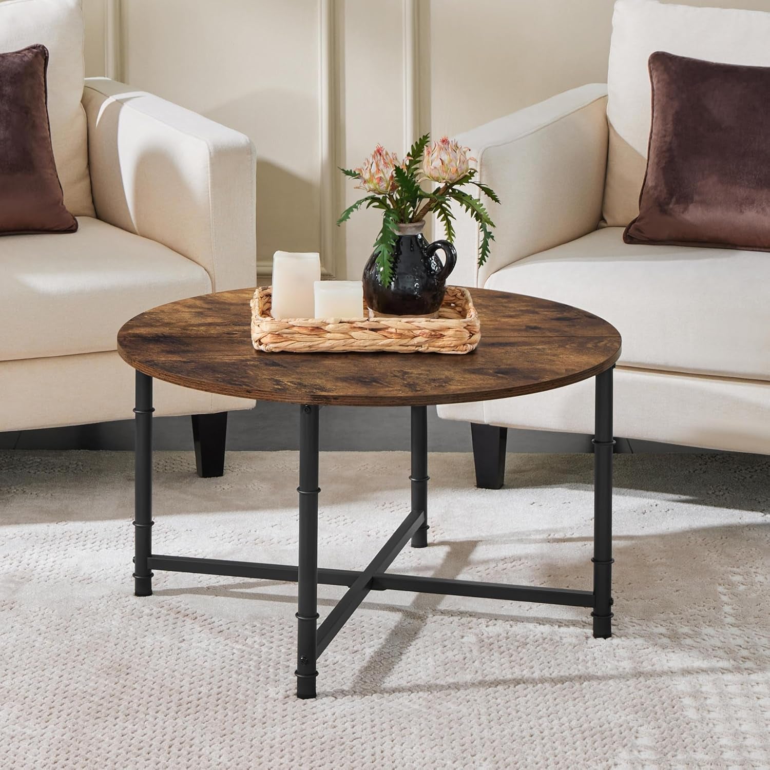 round Coffee Table, Small Coffee Table with Sturdy Metal Legs for Living Room, Rustic Wood Circle Tables Easy to Assemble, 31.5 X 17.7 Inches