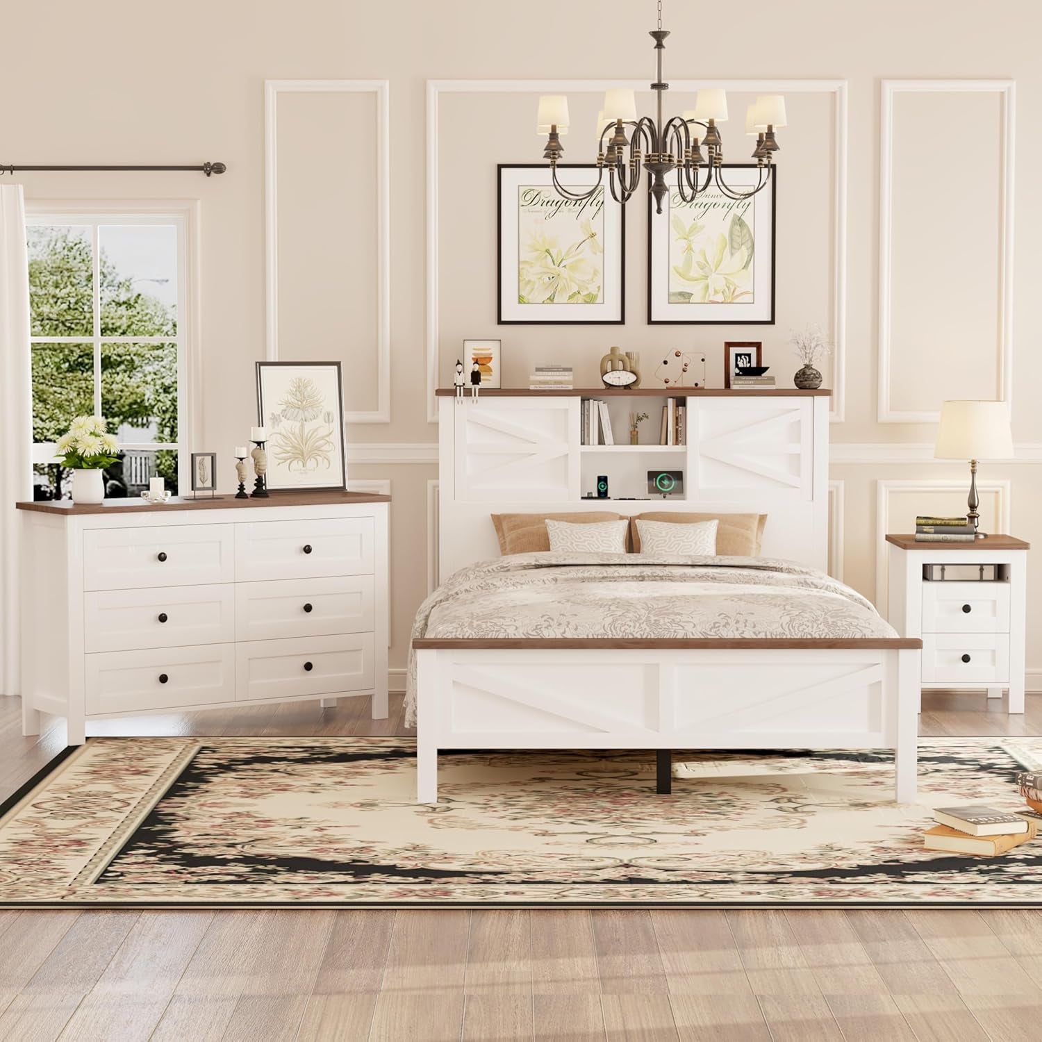 3-Pieces Full Size Bedroom Sets Farmhouse Platform Bed with Double Sliding Door Storage Headboard, Storage Nightstand and Dresser, White