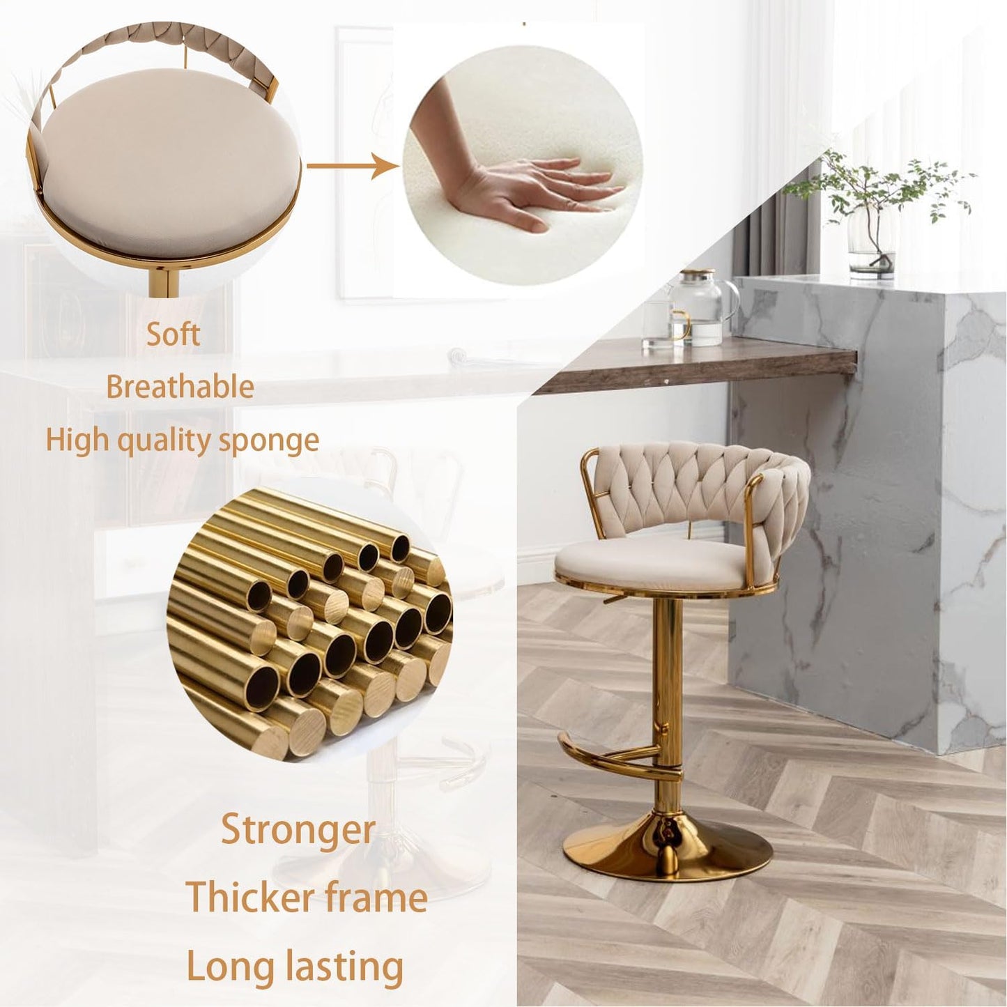 Velvet Bar Stools Set of 2, Counter Height Barstools with Low Back, Gold Swivel Bar Stool for Kitchen Island, Pub (Beige)