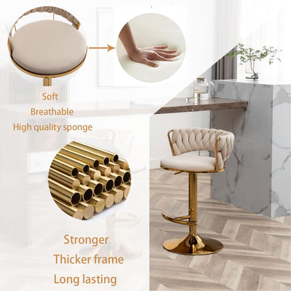 Velvet Bar Stools Set of 2, Counter Height Barstools with Low Back, Gold Swivel Bar Stool for Kitchen Island, Pub (Beige)