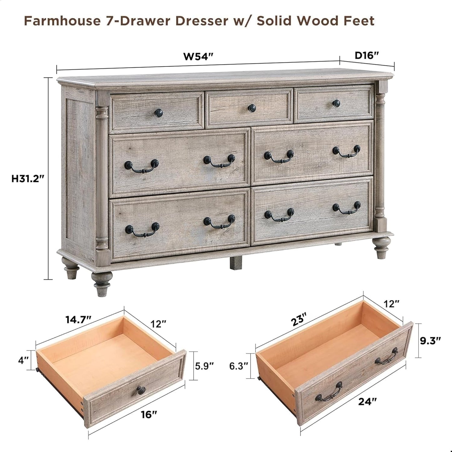 Farmhouse 7 Drawers Dresser Chests for Bedroom W/ 4 Column Solid Wood Feet, Tall Wide Wood Country Rustic Chest of Drawers, Storage Dressers for Bedroom, Living Room, Light Rustic Oak
