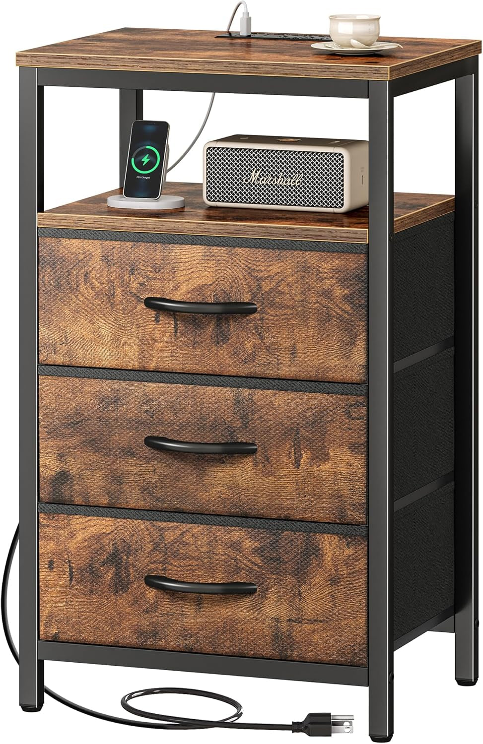Nightstand with Charging Station, 27.6 Inch Bedside Table with Fabric Drawers, End Table with USB Ports and Outlets, Night Stand for Bedroom, Rustic Brown