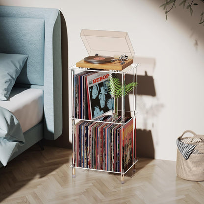 Acrylic Record Player Stand, 3-Tier Clear Turntable Table with Vinyl Record Storage, 15.75" L X 11.81" W X 30.7" H, Modern Side Table/End Table