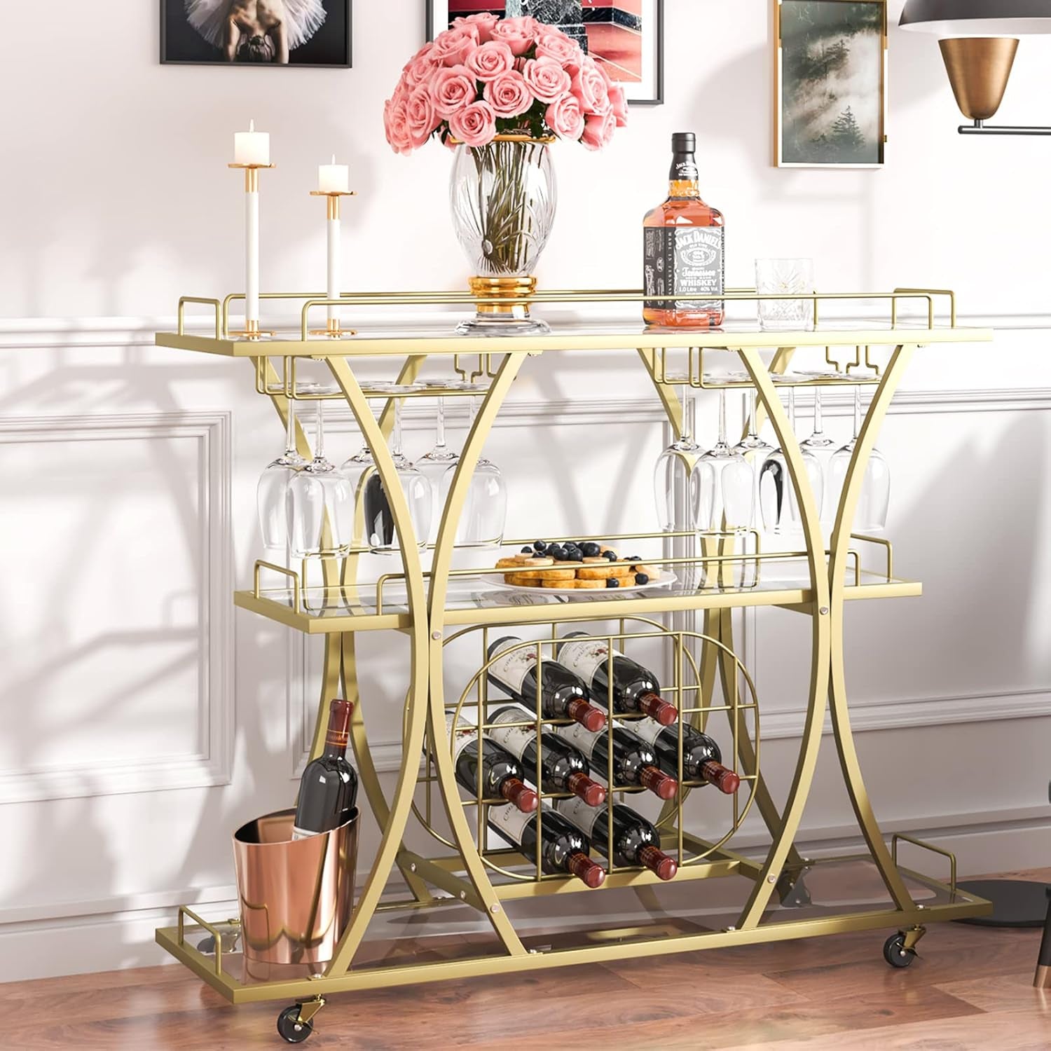 Bar Cart Gold, 3 Tiers Home Bar Serving Cart on Lockable Wheels, Rolling Alcohol Cart with Tempered Glass Shelves Guardrail Wine Rack, Modern Wine Cart for Home Kitchen Dining and Living Room