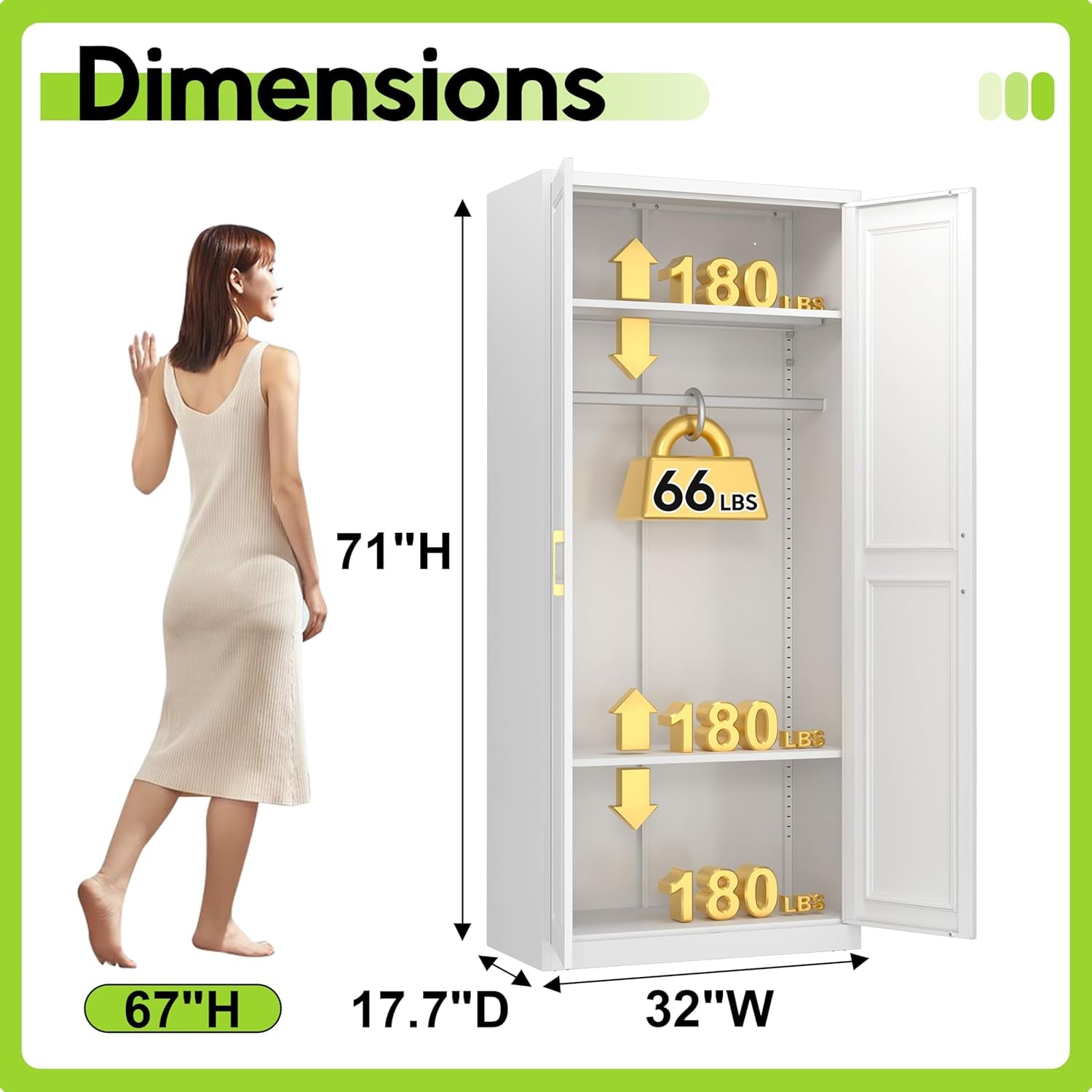 Armoire Wardrobe Closet with Doors, 71'' Wardrobe Cabinet with Hanging Rod, Metal Closet with 2 Adjustable Shelves for Bedroom School, Employee, Gym, Armarios De Ropa Para Dormitorio, White