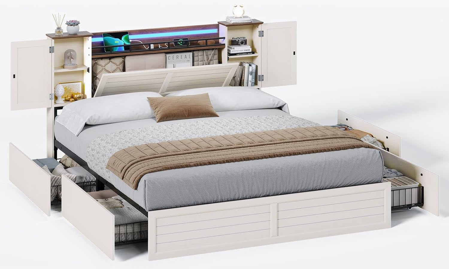Farmhouse Queen Bed Frame with Headboard and Double Barn Door Storage Cabinets, Rustic Wooden Bed Frame Queen Size with Charging Station, 4 Drawers and LED Lights, No Box Spring Needed, White
