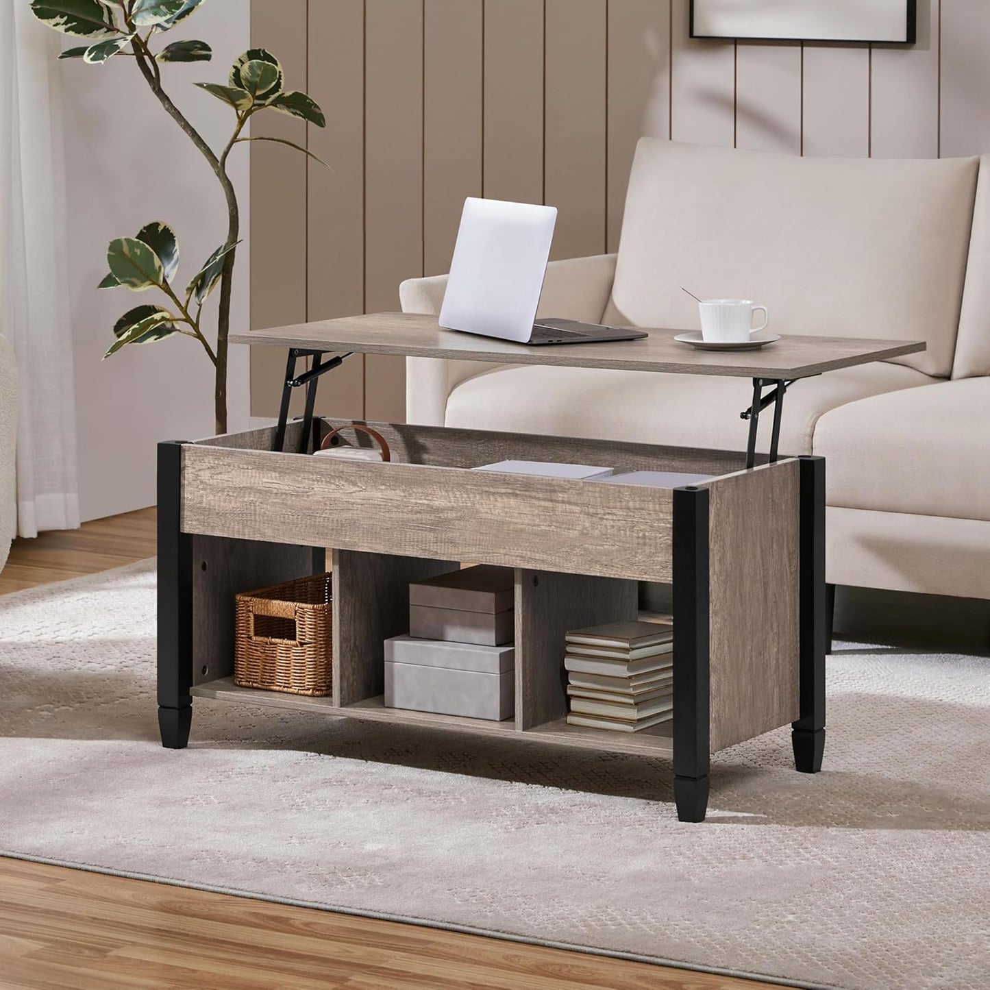 Gray Coffee Table, Lift Top Coffee Table with Hidden Compartment & Shelf, Lift up Dining Table for Living Room Reception, Retro Central Table with Wooden Lift Tabletop, 41 Inch L