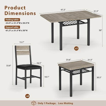 Dining Table Set for 4, Extendable Kitchen Table with 4 PU Leather Upholstered Dining Room Chairs, Wood Kitchen Table Set with Built-In Storage Rack for Dining & Small Spaces, Grey