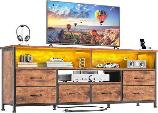 TV Stand for Bedroom, 63 Inch Entertainment Center for 65 70 Inch Tvs, 6 Drawers Dresser with Power Outlets and LED Lights, Media Console for Living Room, Rustic Brown