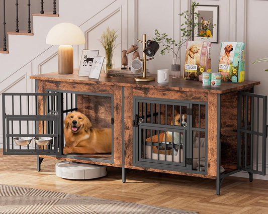 63'' Double Dog Crate Furniture for 2 Dogs, Wooden Dog Kennel with Removable Divider, XL Dog House Indoor with Rotating Bowl Holders, Heavy Duty Dog Crate TV Stand (62.9" X 23.6" X 27.9")