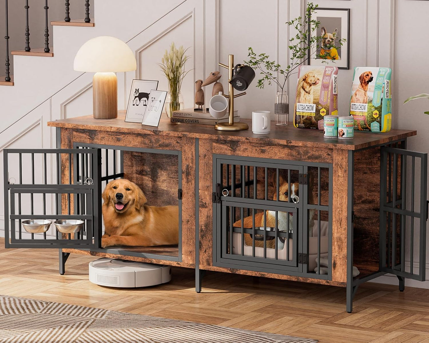 79'' Double Dog Crate Furniture for 2 Dogs, Wooden Dog Kennel with Removable Divider, XXL Dog House Indoor with Rotating Bowl Holders, Heavy Duty Dog Crate TV Stand (78.7"L X 27.6"W X 33.5"H)