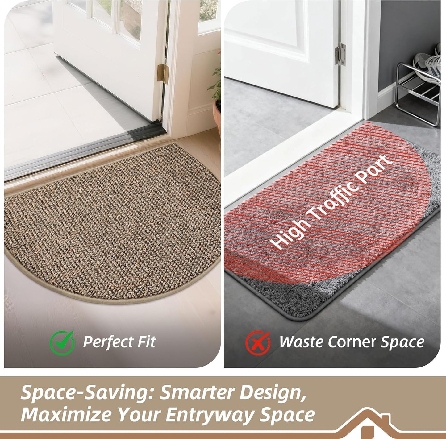 Dirt Trapper Door Mat 24" X 36" Half Circle Non-Slip Washable Doormats Entrance Rugs Absorbent Welcome Low Profile Floor Mats for Front Back Door and Entryway, Taupe