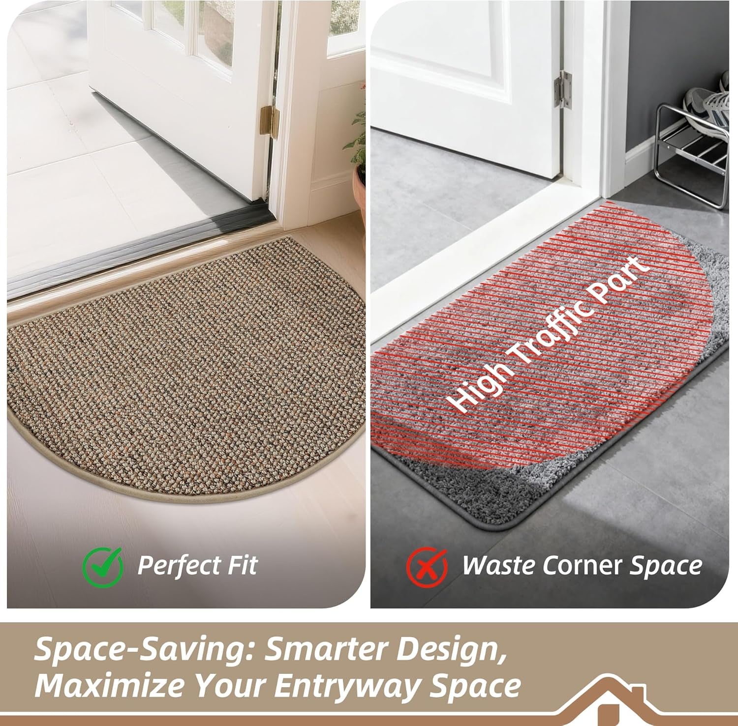 Dirt Trapper Door Mat 24" X 36" Half Circle Non-Slip Washable Doormats Entrance Rugs Absorbent Welcome Low Profile Floor Mats for Front Back Door and Entryway, Taupe