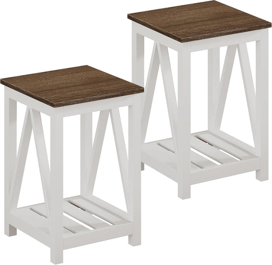 Farmhouse End Table, Rustic Vintage End Side Table with Storage Shelf for Small Spaces, Nightstand Sofa Table for Living Room, Bedroom White 2 Pack