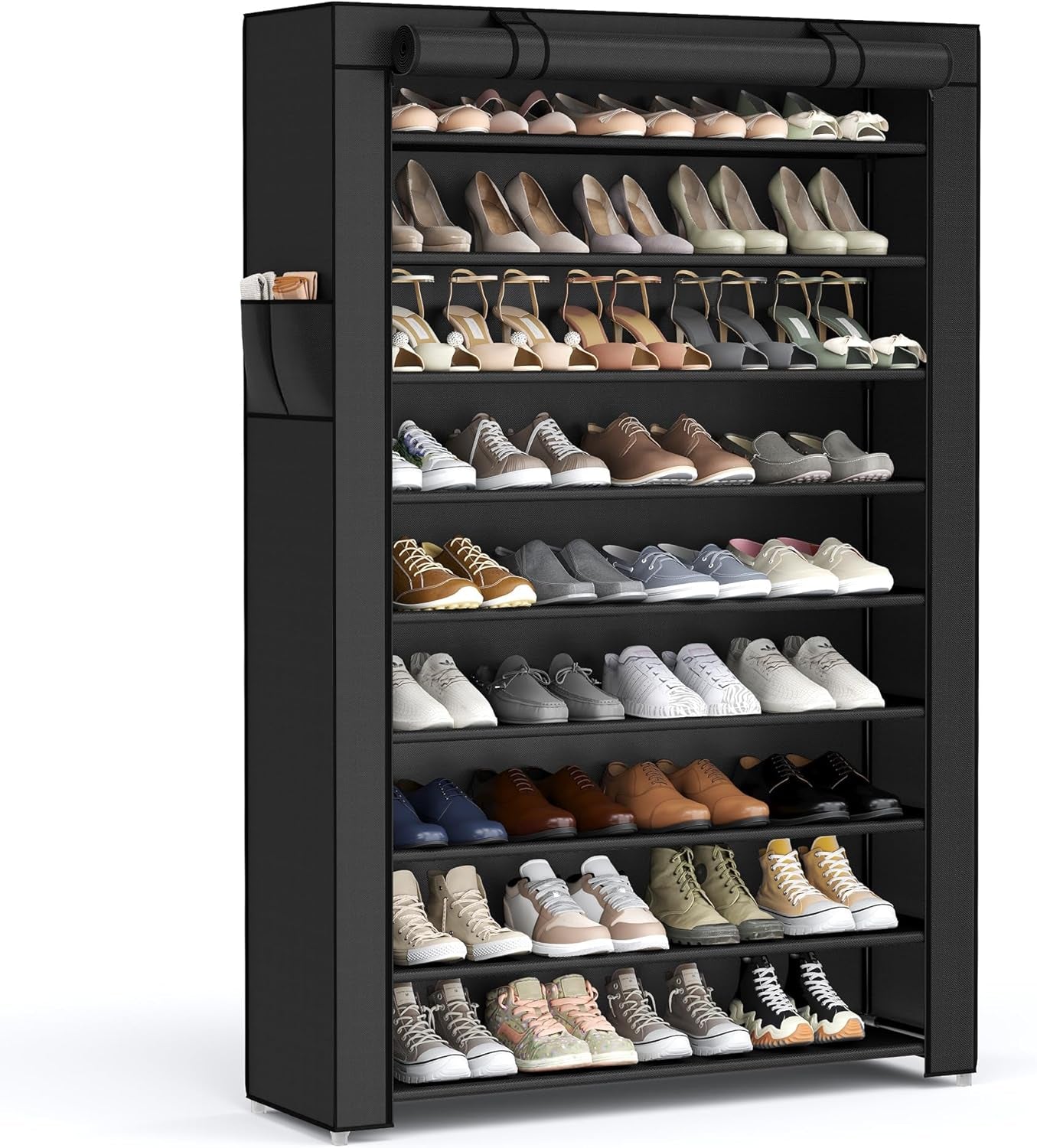 Shoe Rack with Non-Woven Fabric Cover, 9 Tier Storage Shelf for 40-50 Pairs of Shoes, Entryway, Suitable for Sneakers, High Heels, Flats, and Boots, Black URXJ36HV1