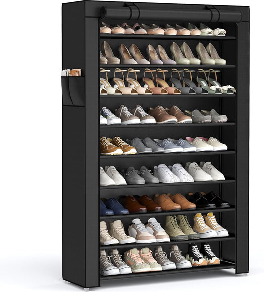 Shoe Rack with Non-Woven Fabric Cover, 9 Tier Storage Shelf for 40-50 Pairs of Shoes, Entryway, Suitable for Sneakers, High Heels, Flats, and Boots, Black URXJ36HV1