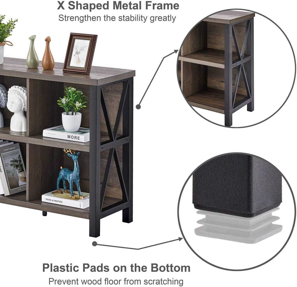 8 Cube Storage Organizer, 62 Inch Heavy Duty Horizontal Bookshelf, Industrial Long Bookcase and TV Stand for 65 Inch TV, Rustic Wood Accent Shelf for Living Room (Walnut Brown)
