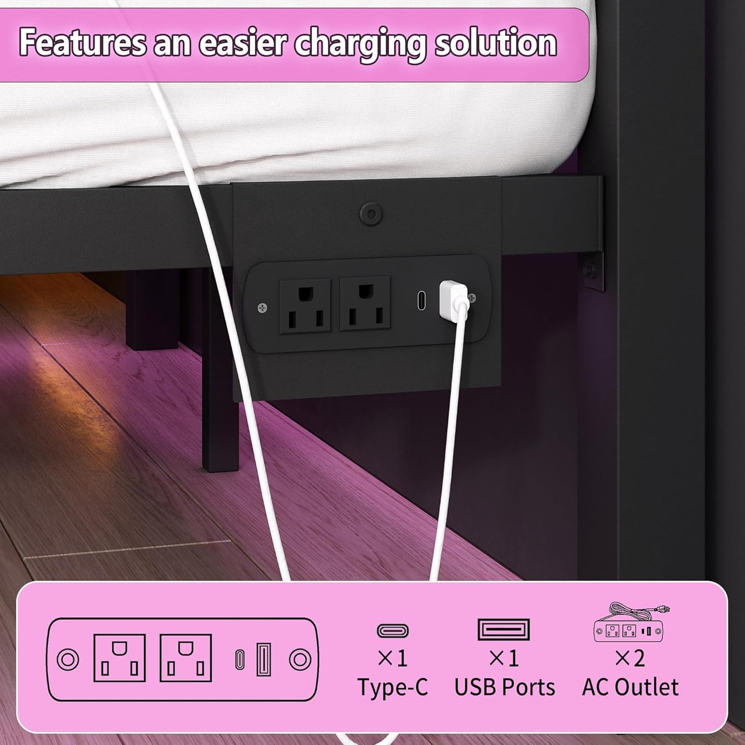 Full Size Bed Frame with Headboard and Footboard,Steel Slats Support-Led Bed Frame with USB Charging Station,Mattress Foundation-Under Bed Storage, No Box Spring Needed,Noise Free,Black