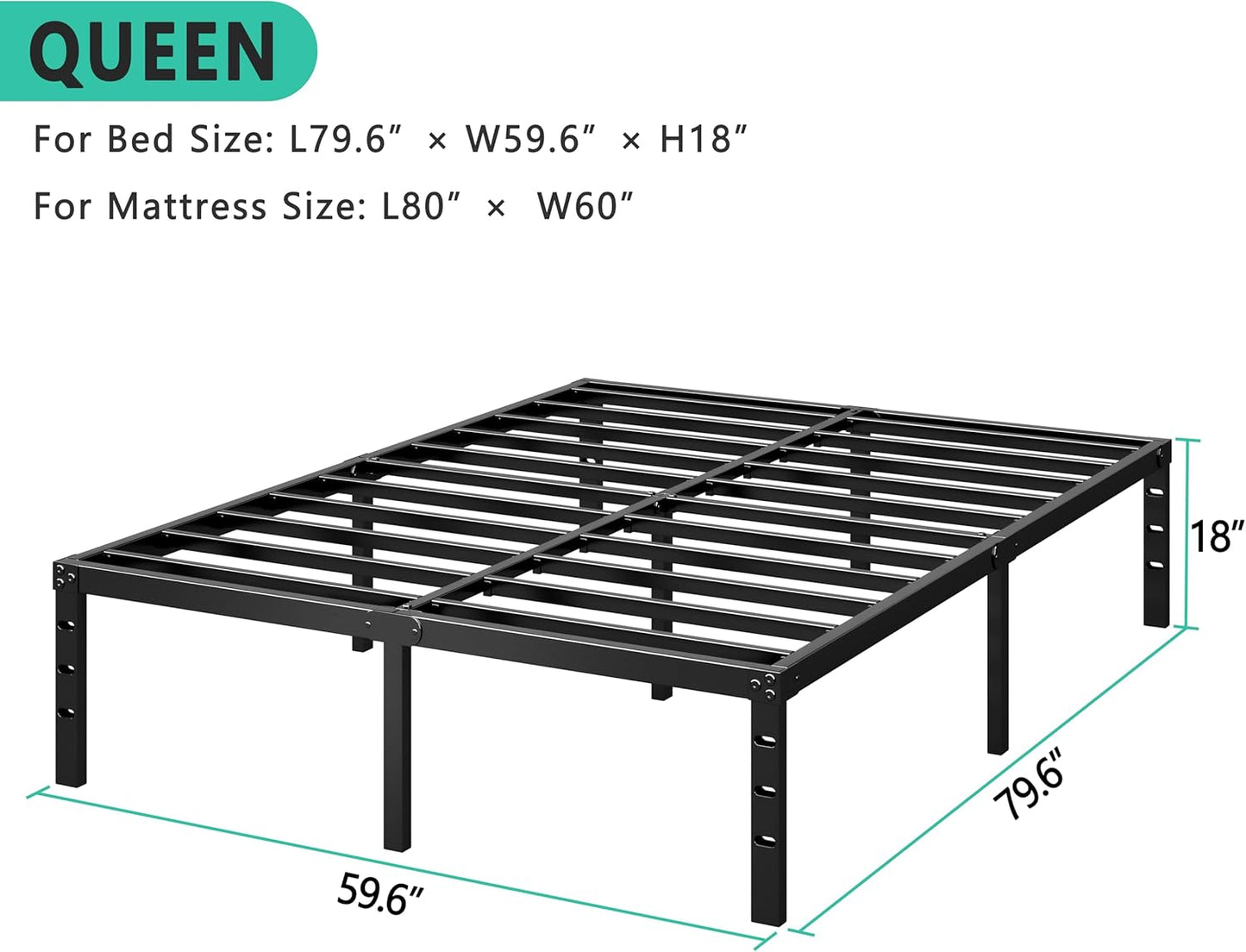 Metal Platform Bed Frame 18 Inch Tall,No Box Spring Needed,Queen Size Bed with Heavy Duty Strong Support Slats,Easy to Assemble,Black