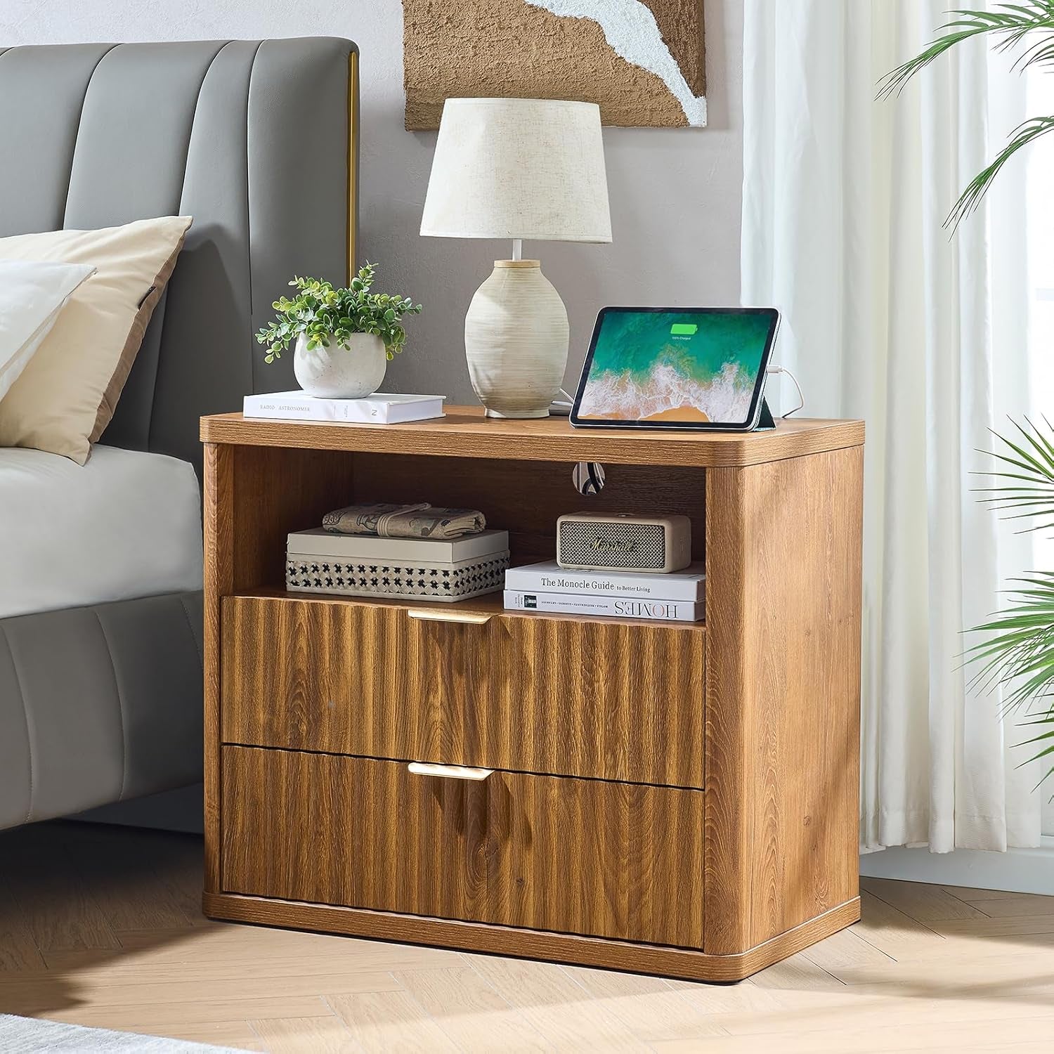 31" Wide Fluted Nightstand Set of 2 with Charging Station, Oversized Extra Large 2 Drawers Night Stand,Brown Wood Bedside Table,Tall End Tables,Modern Chest of Drawers Dressers for Bedroom