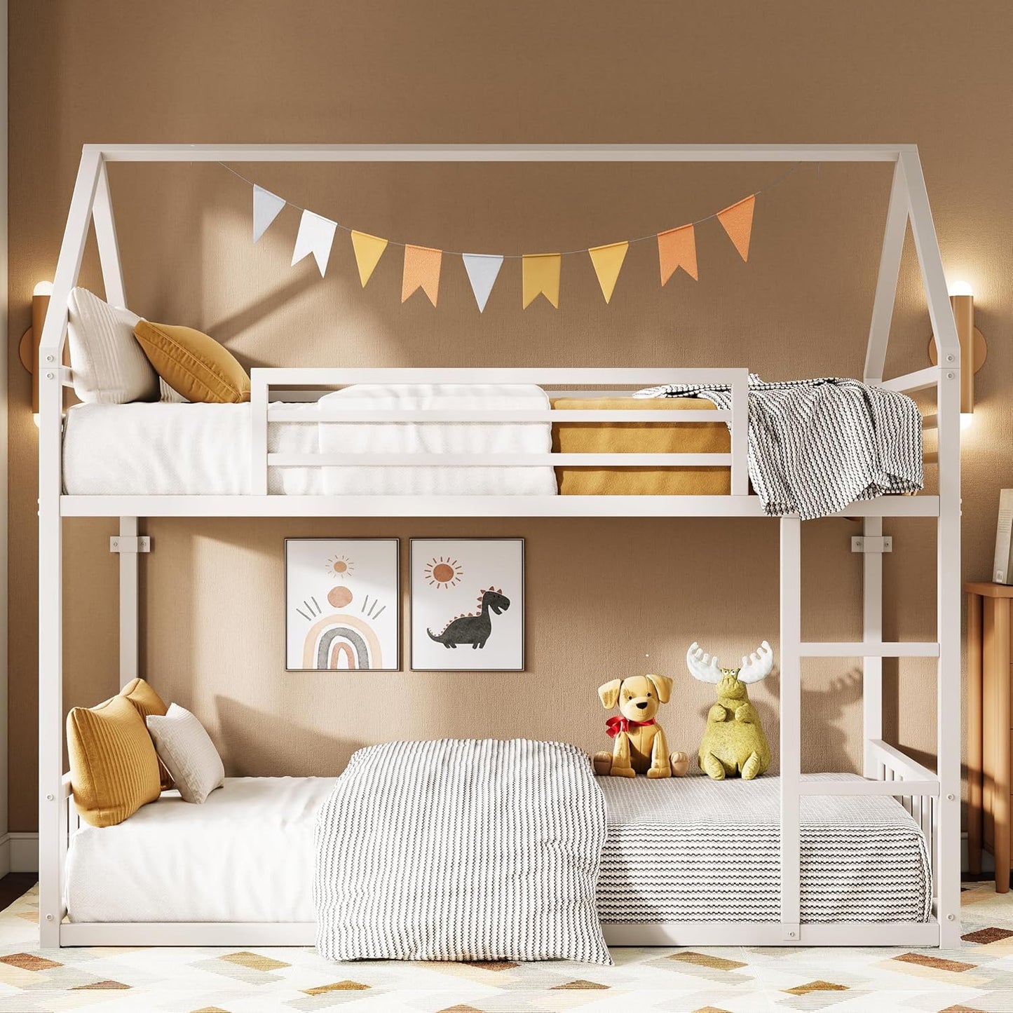 Bunk Bed Twin over Twin, House Bunk Bed Frame with Ladder and Guardrail, House Shaped with Metal Slats for Dormitory and Bedroom, Space Saving, No Box Spring Needed, White