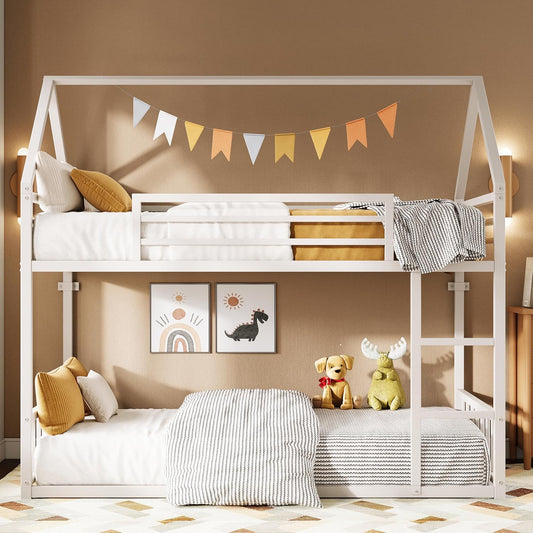 Bunk Bed Twin over Twin, House Bunk Bed Frame with Ladder and Guardrail, House Shaped with Metal Slats for Dormitory and Bedroom, Space Saving, No Box Spring Needed, White