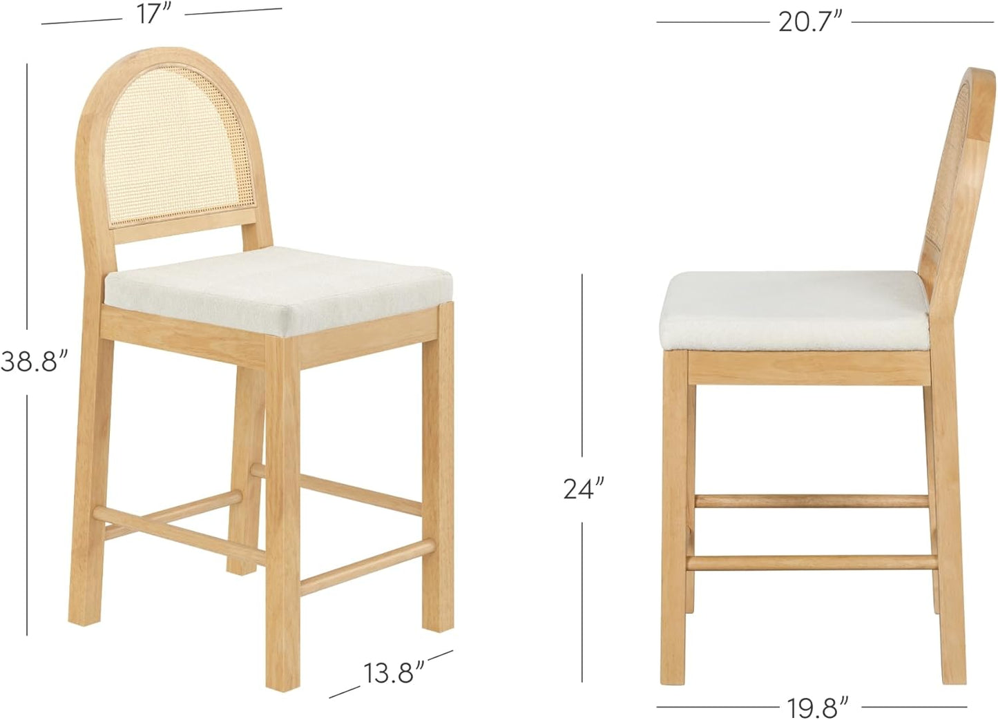 Bailey Upholstered Rattan Bar Stool in Oak Finish Frame, Counter Height Stool with Natural Rattan Woven Back for Kitchen Island, Brown