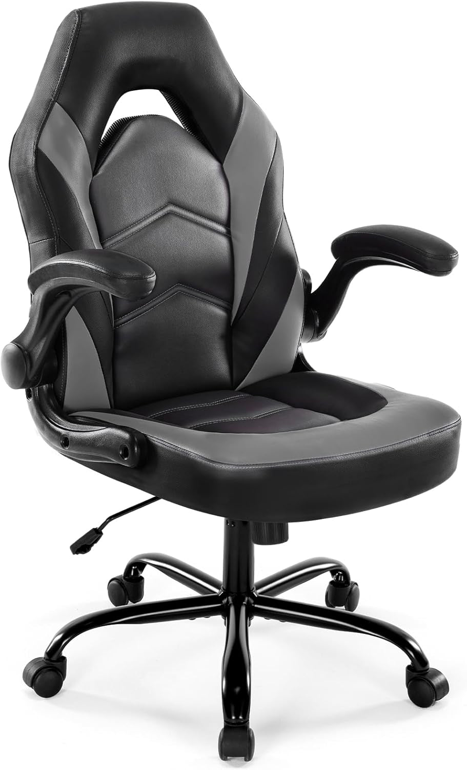 Computer Game Desk Chair - Ergonomic PU Leather Lumbar Support, Height Adjustable High Back Video Game with Flip-Up Armrest, Rolling Swivel for Adults, Deep Grey