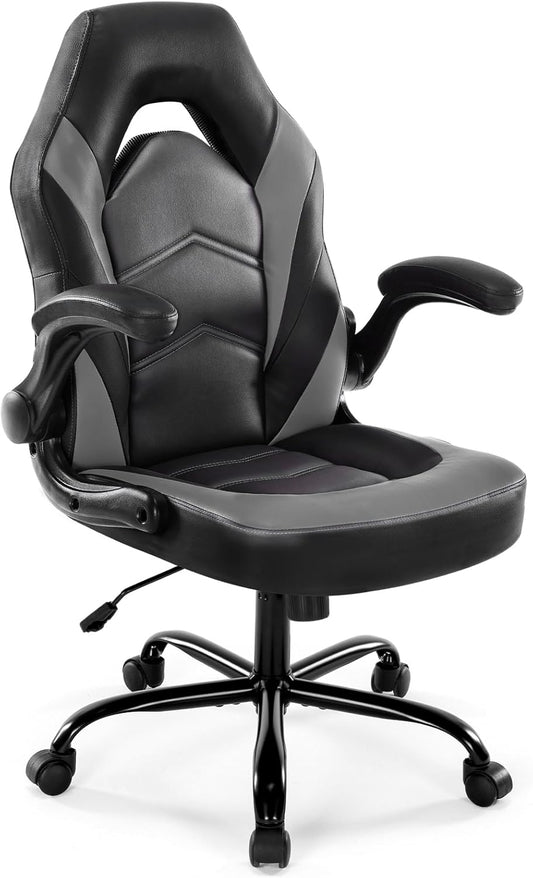 Computer Game Desk Chair - Ergonomic PU Leather Lumbar Support, Height Adjustable High Back Video Game with Flip-Up Armrest, Rolling Swivel for Adults, Deep Grey